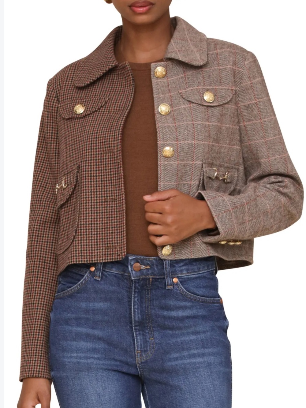 NWT 7 For All Mankind Mixed Media Brown Plaid Cropped Blazer Horsebit Trim XS